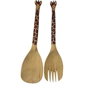 Giraffe Handcarved Wooden 3D Motif‎ African Animal Salad Serving Spoon Fork Set